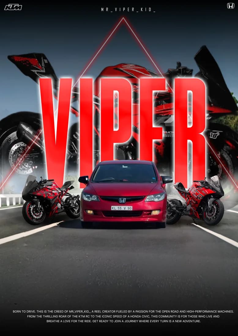 Red Honda Civic and sport-motorcycle lineup without owner portrait, with VIPER lettering.