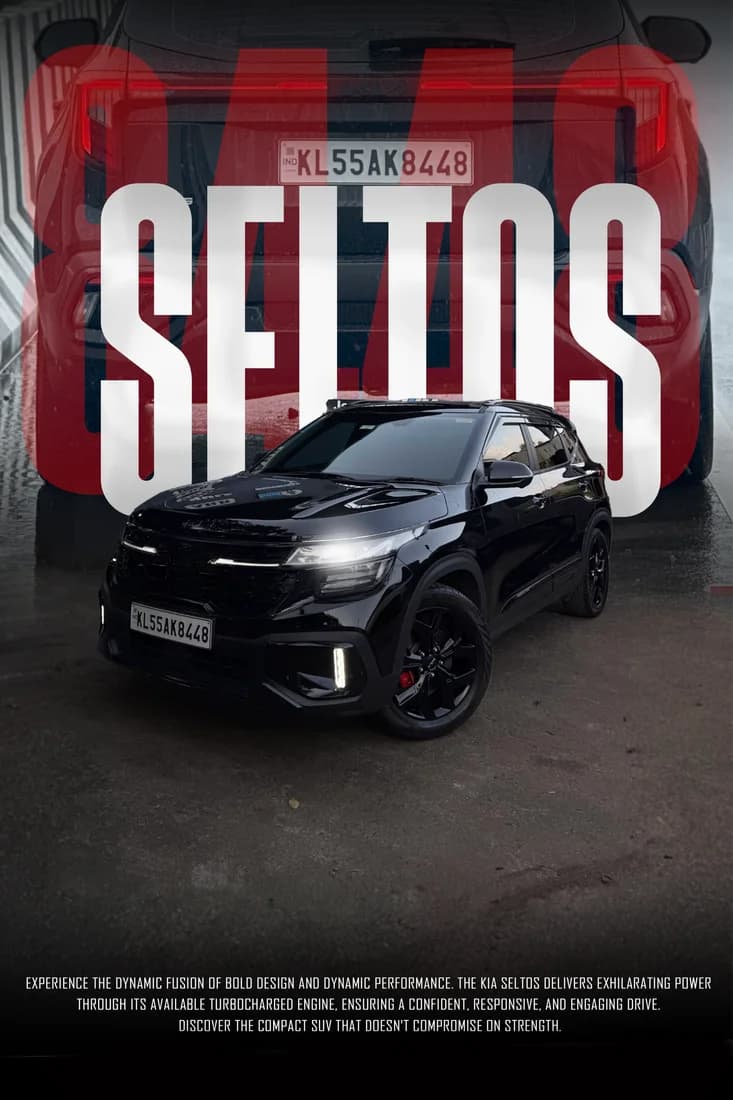 Black Kia Seltos with white model lettering and red rear-view backdrop; larger print export.