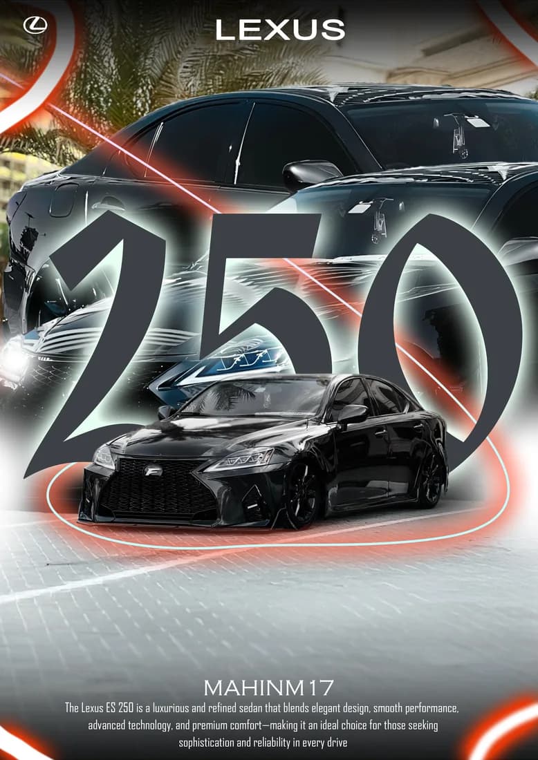 Black Lexus sedan with spindle grille, large 250 lettering and red light effects.