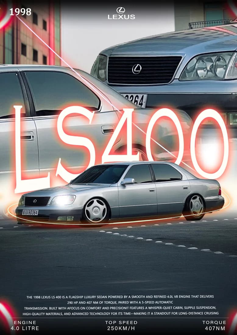 Lowered silver Lexus LS sedan; LS400 lettering, grille backdrop and orange light ring.
