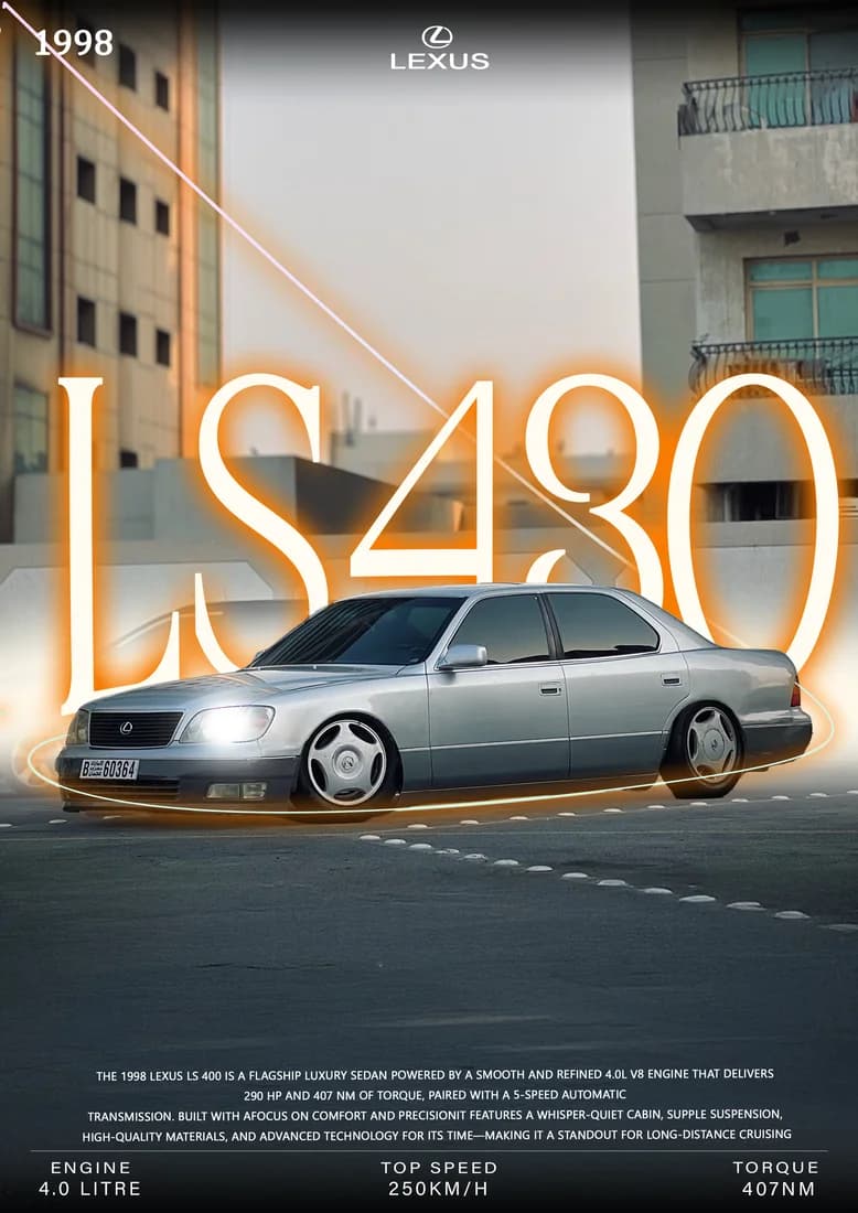Same silver classic Lexus sedan composition, with LS430 printed title and street backdrop.