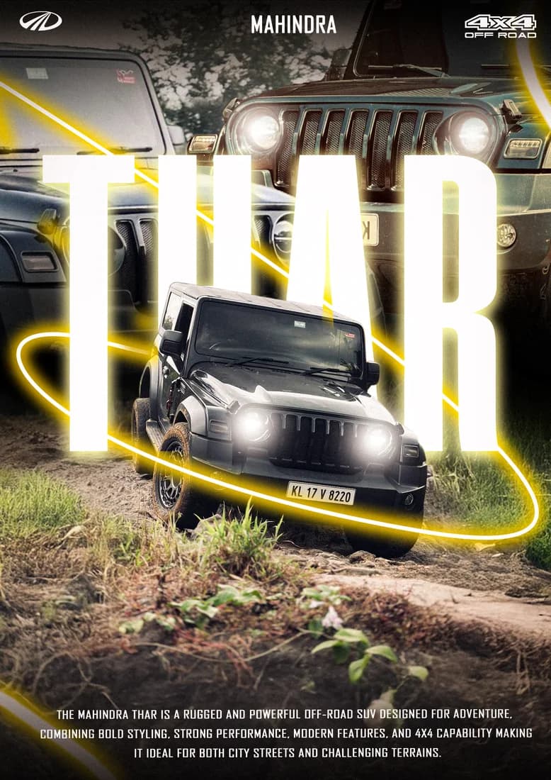 Mahindra Thar on an off-road slope with illuminated round headlights and yellow ring.