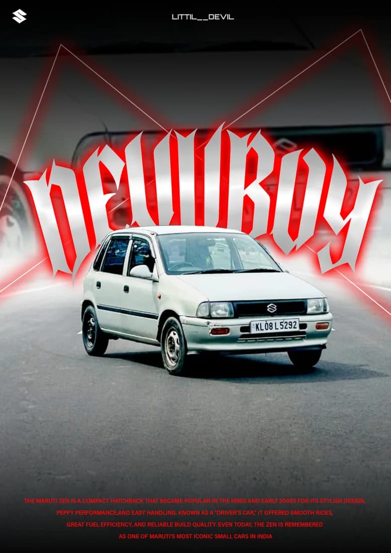 White Maruti 800 with red DEVILBOY gothic lettering and angular outlines.