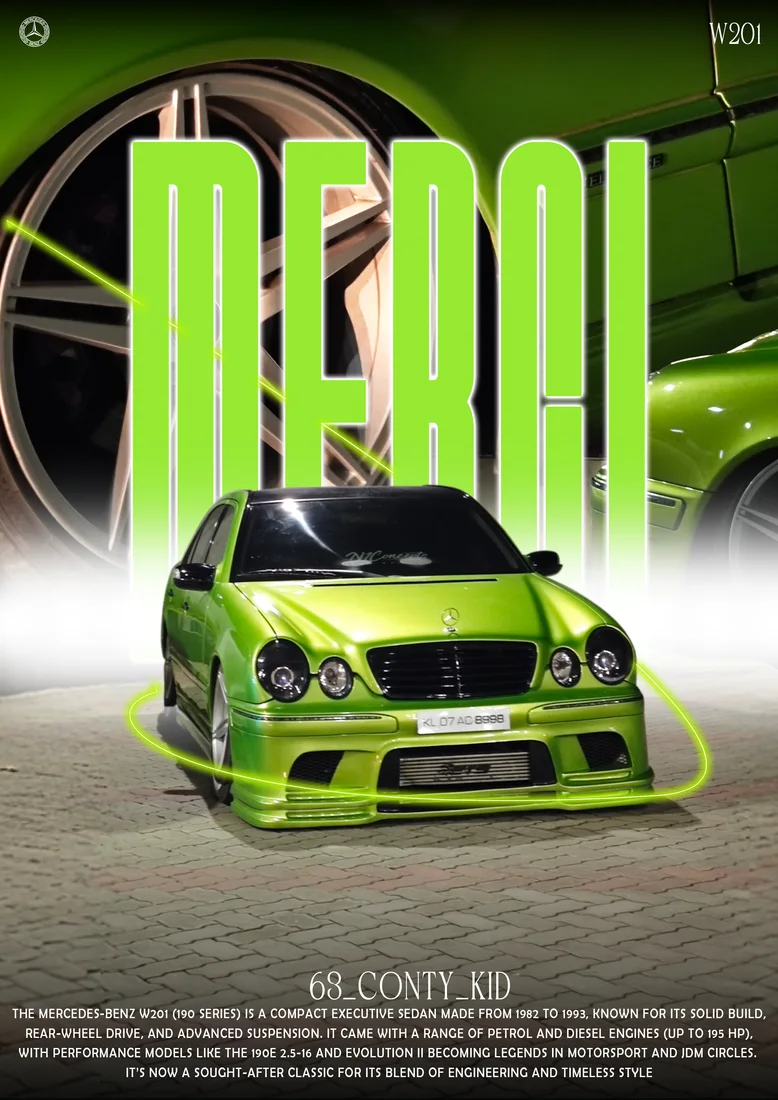 Lime-green Mercedes sedan with four round headlights, grille backdrop and MERC lettering.