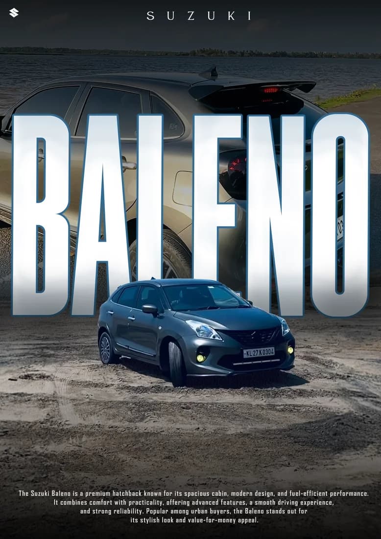 Blue Baleno with solid silver model lettering.