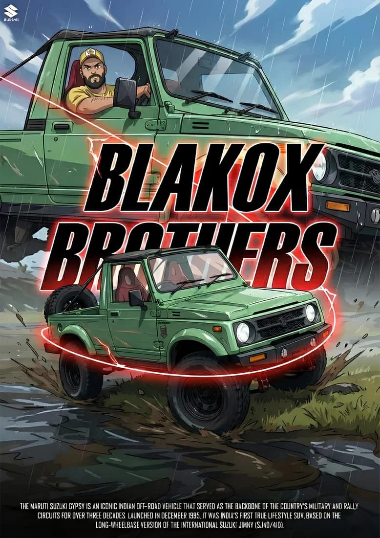 Illustrated green Gypsy, driver portrait and BLAKOX BROTHERS lettering.
