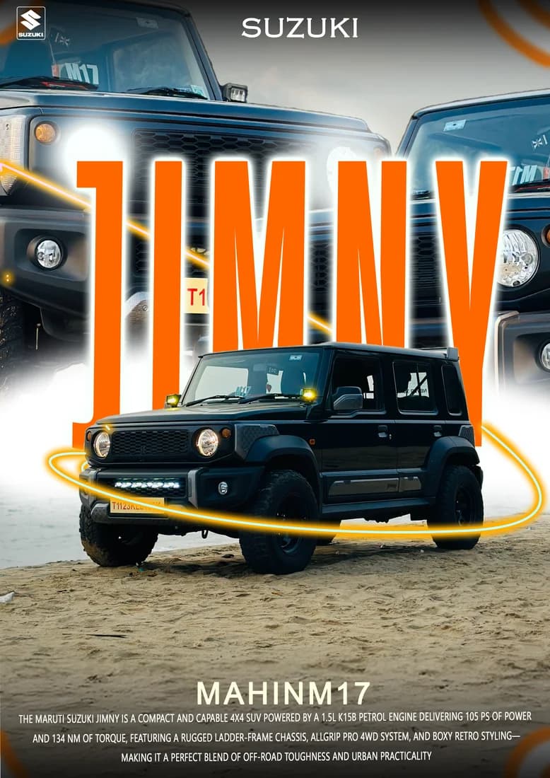 Black Suzuki Jimny on sand with orange JIMNY title and yellow light ring.