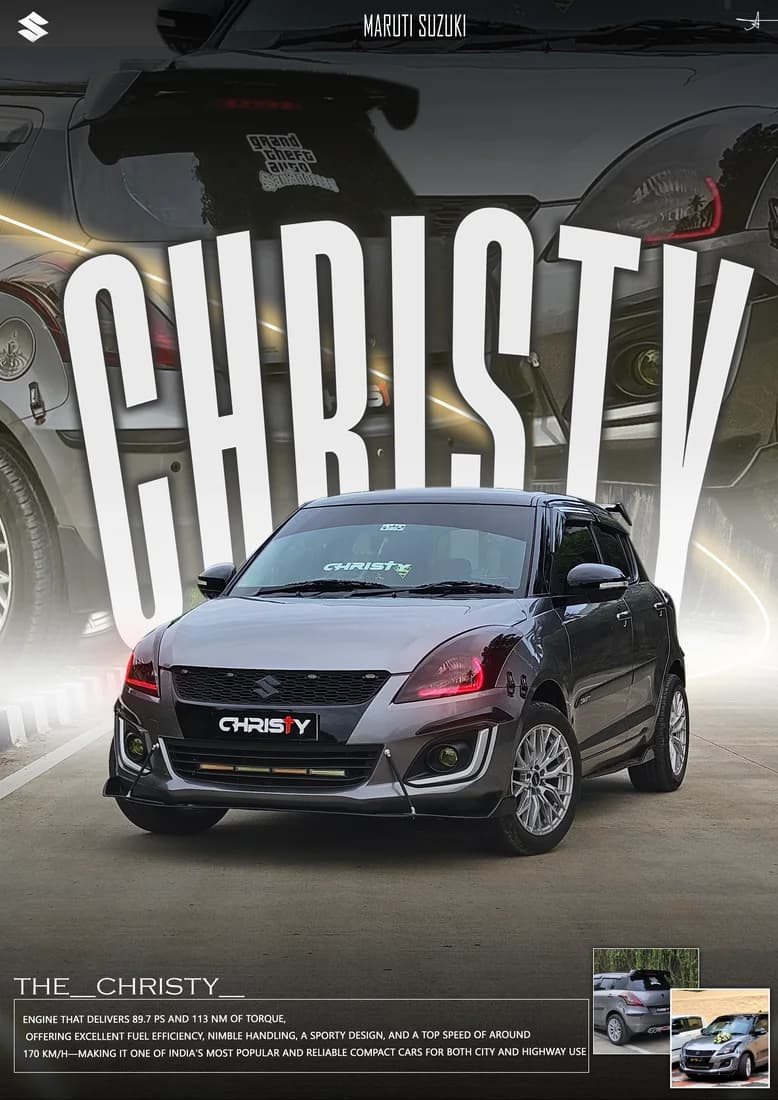 Dark grey modified Swift with large CHRISTY lettering and rear-car background.