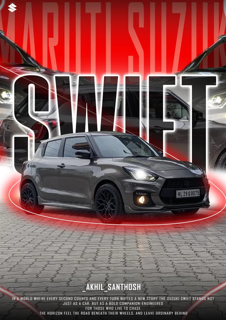 Grey Swift with black block title, red glow and AKHIL SANTHOSH footer.