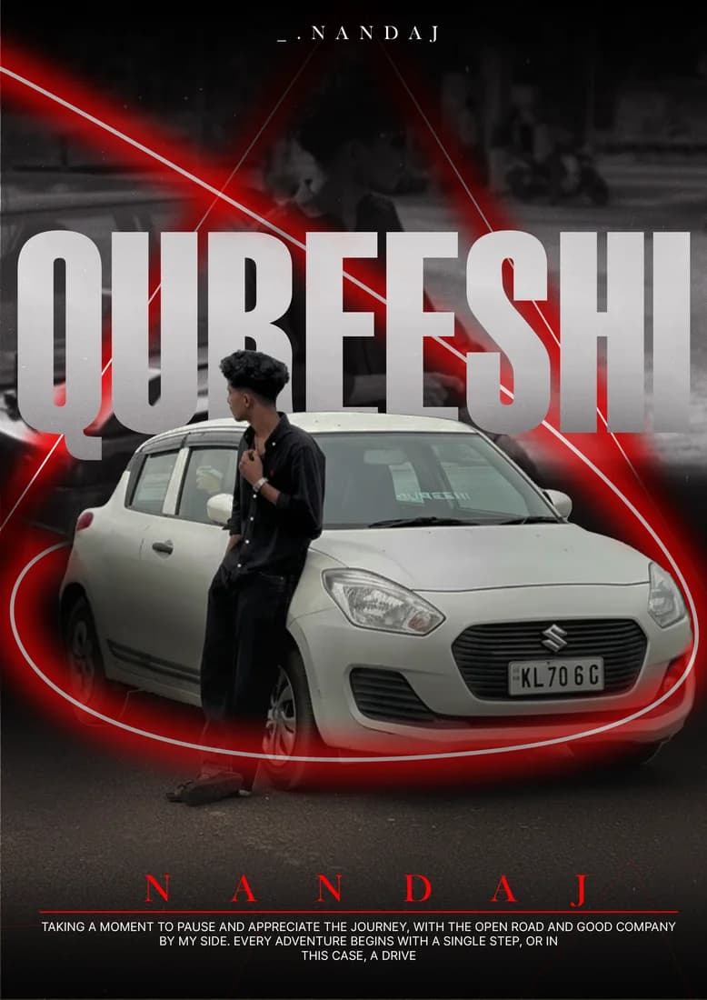 White Swift and owner portrait with white QUREESHI text, red triangle and light ring.