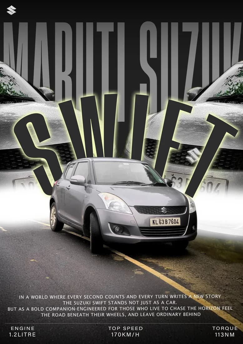 Silver Swift with black/slate model lettering and double headlight backdrop.
