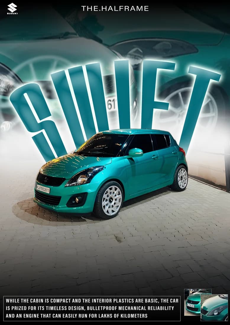 Teal Swift with white wheels, tilted model lettering and pale glow.