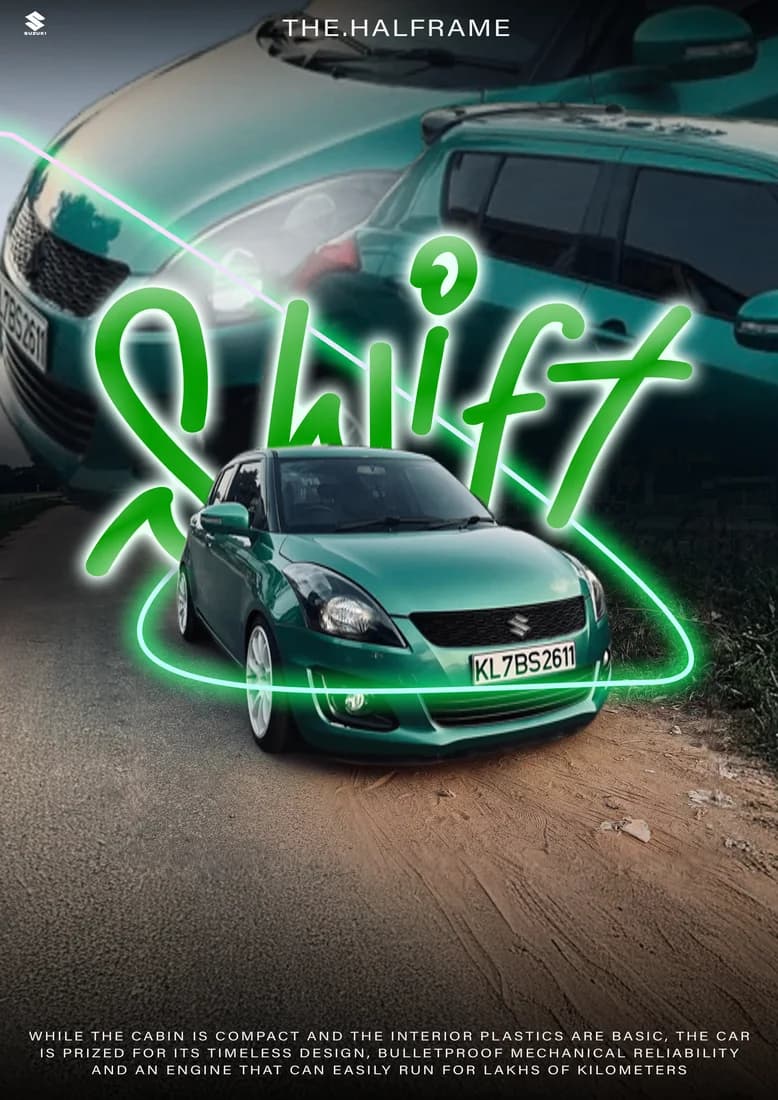 Teal Swift with green script, green light ring and angled headlight backdrop.