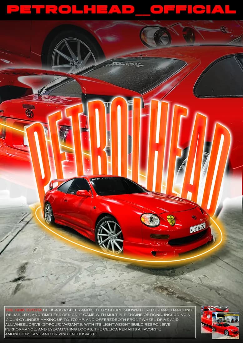 Red Toyota Celica with PETROLHEAD_OFFICIAL masthead and tighter composition.