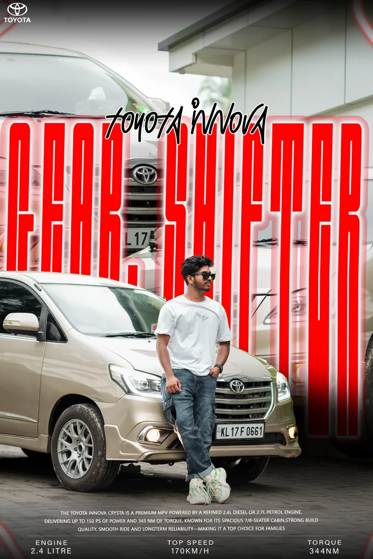Beige Innova and owner portrait, with Toyota Innova script above the red GEAR SHIFTER title.