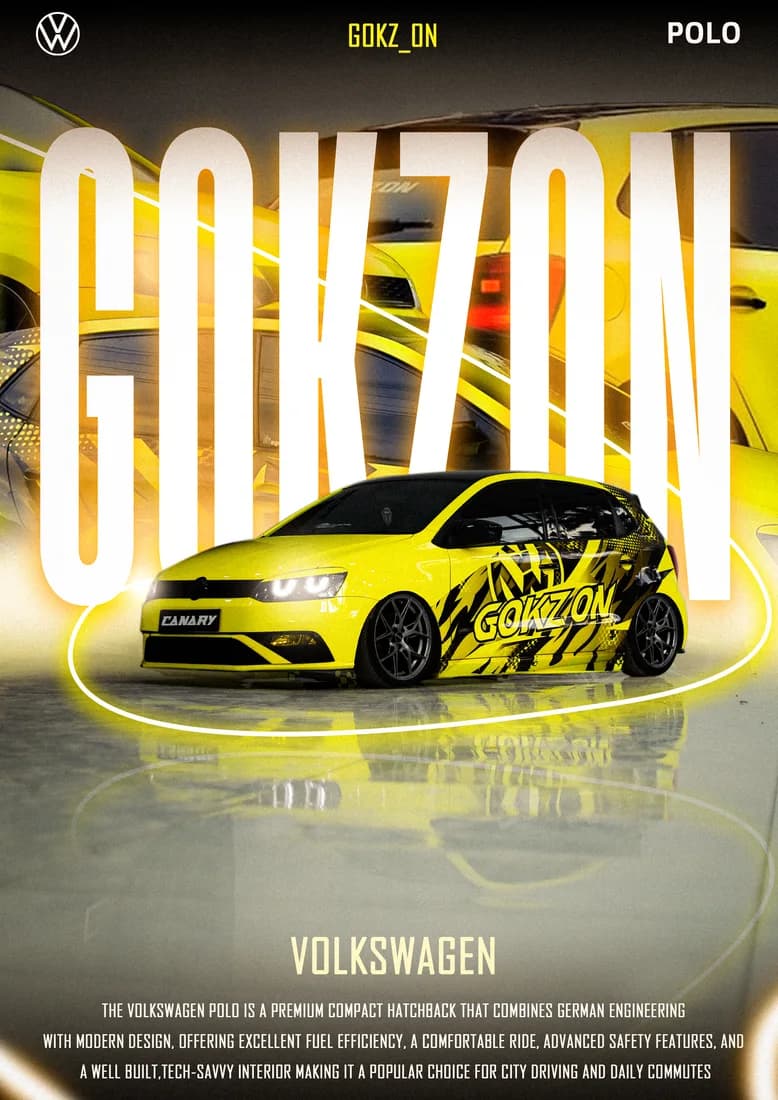 Yellow and black graphic-wrapped Polo, GOKZON lettering and reflective ground.