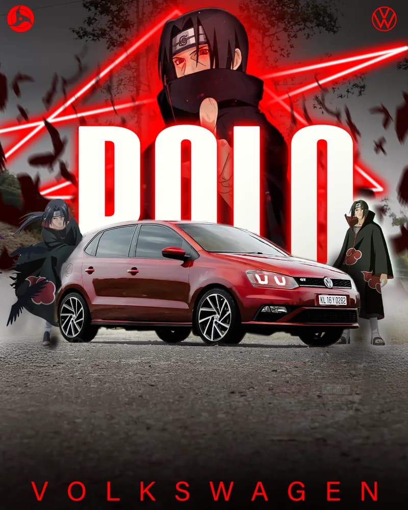 Red Polo surrounded by Itachi anime artwork and red light effects.