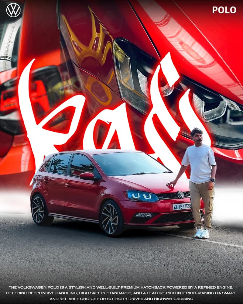 Red Polo and owner portrait with graffiti lettering and enlarged headlight backdrop.