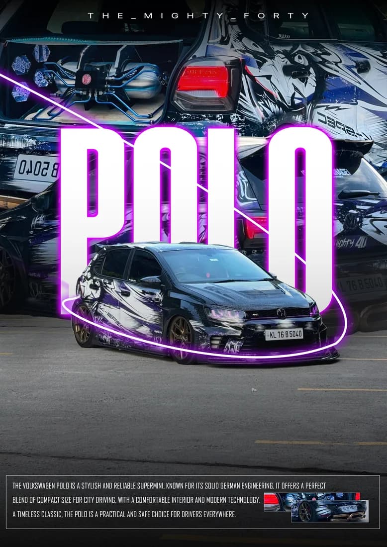 Wrapped Polo with purple title and car-photo backdrop without foreground anime characters.