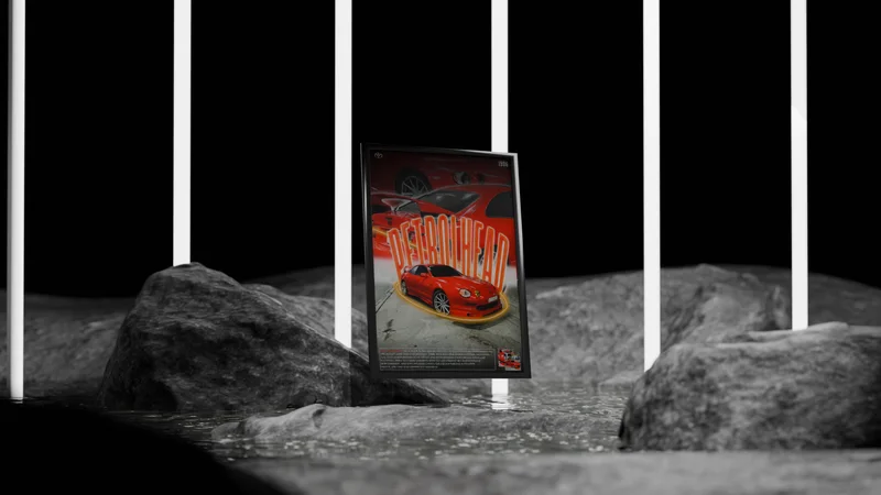 Landscape mockup of a red Celica poster between rocks and vertical white lights.