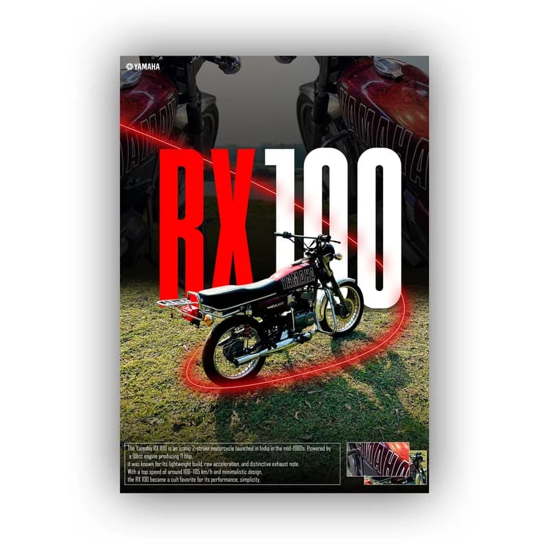 RX100 poster displayed as a square presentation mockup on a white wall with shadow.