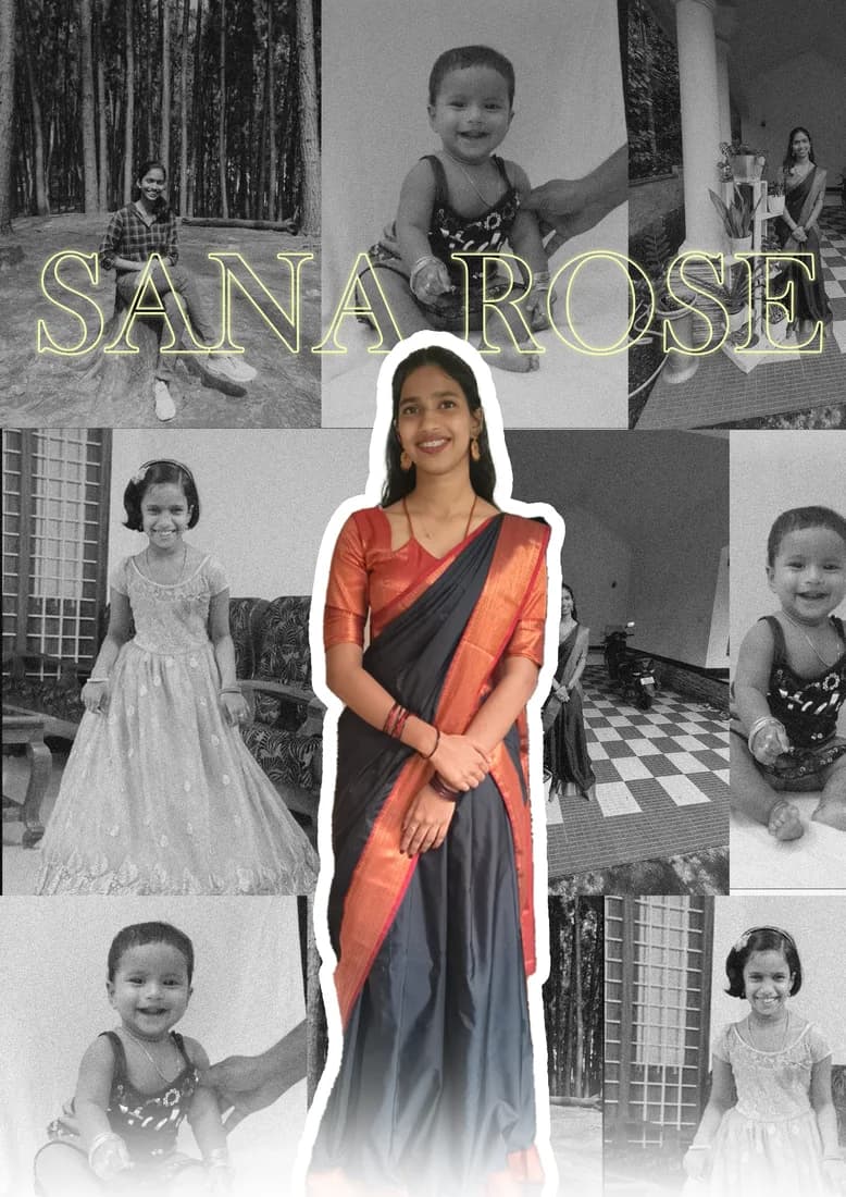 Woman in a black/red sari against monochrome childhood photos; SANA ROSE lettering.