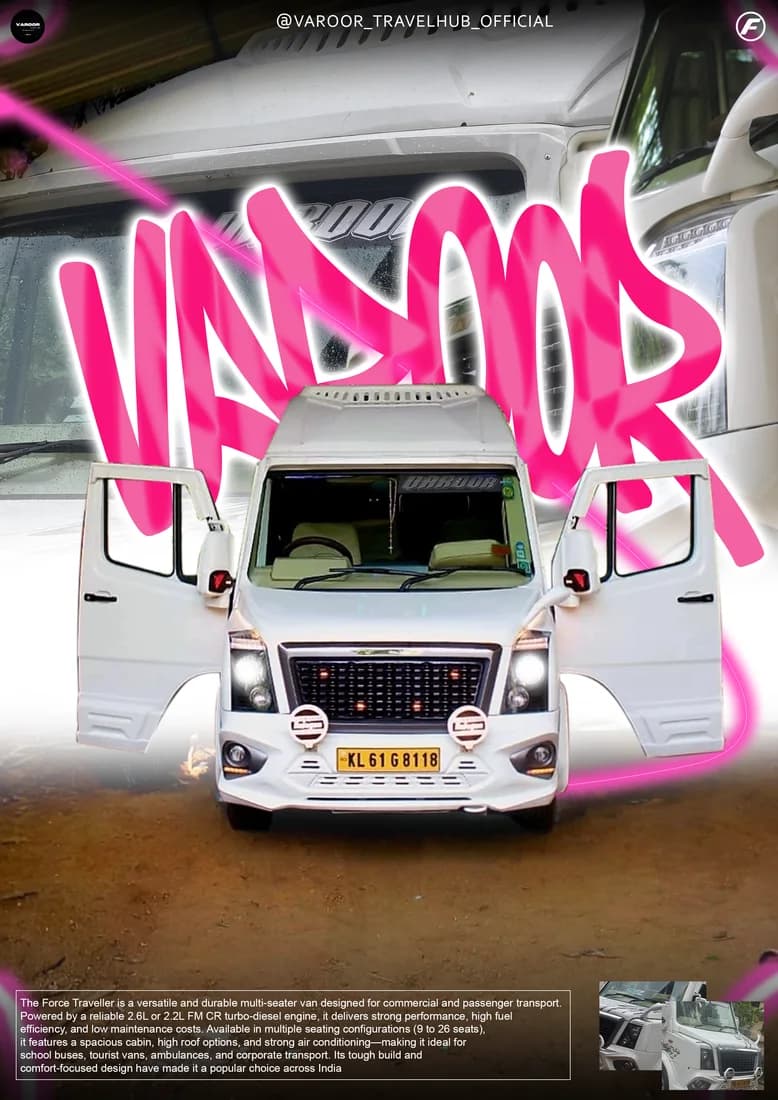 White Force Traveller with pink script, inset photo and VAROOR_TRAVELHUB_OFFICIAL header.